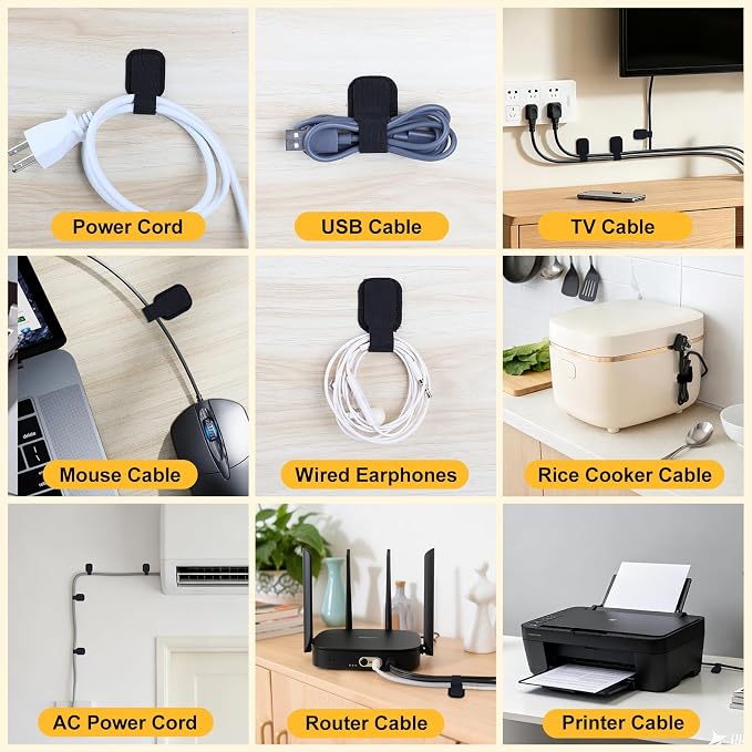 SummerBrite 40-Pack Self Adhesive Cable Straps, Heavy Duty Hook & Loop Ties with Strong Sticky Backing, Reusable Under Desk Cable Management Wire Organizers for Home Office PC, Black - Image 8