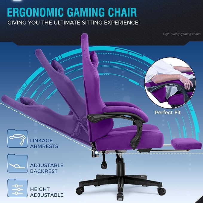 GTPLAYER Gaming Chair Fabric with Pocket Spring Cushion, High Back Ergonomic Computer Chair with Footrest for Adults Lumbar Support Swivel Game Chair for Office Gaming 350LBS, Dark Purple - Image 7