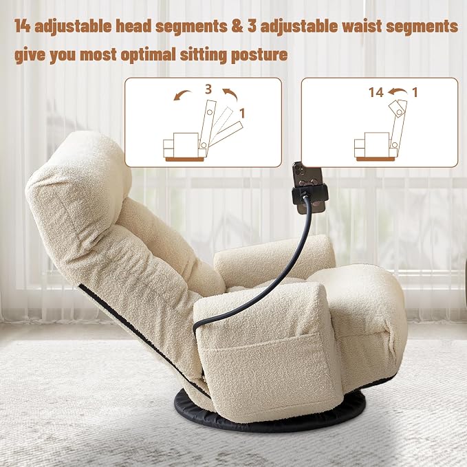 Teddy 360° Swivel Floor Gaming Sofa Chair - Beige | Adjustable Head & Waist Support, Padded Cushion, Folding Gaming Lounge Chair with Armrests & Phone Holder | Home Office - Image 5