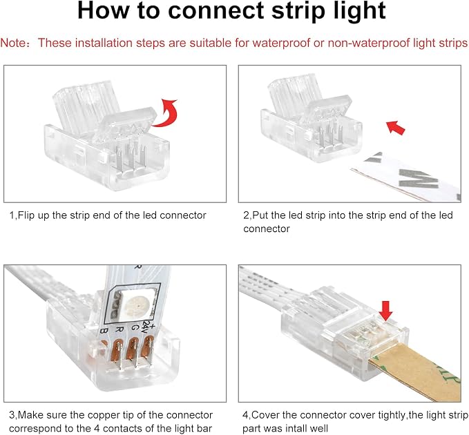 RGBZONE 10Pcs 4 Pin 10mm LED Strip Connectors and 32.8FT 4 Pin RGB Extension Cable Strip to Wire Quick Connection for 10mm Wide Waterproof or Non-Waterproof SMD RGB 5050 LED Strip Light(IP20/IP65) - Image 6