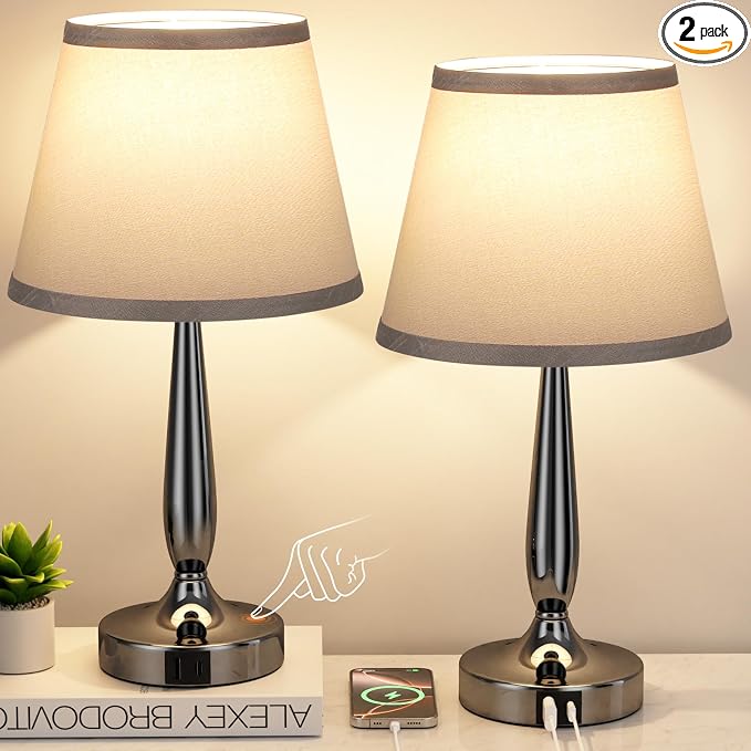 Kakanuo Touch Table Lamp for Bedroom Set, Small Bedside Lamps Set of 2 with USB C Charging Port, 3 Way Dimmable Touch Control Nightstand Lamps, LED Bulb Included by KakanuoLightings