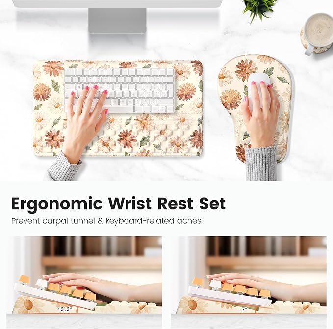Ospelelf Keyboard Wrist Rest and Mouse Pad Set, Ergonomic Memory Foam Wrist Support, Aesthetic Desk Accessories for Office, Home & Gaming, Relief for Carpal Tunnel & Wrist Pain, Daisy - Image 4