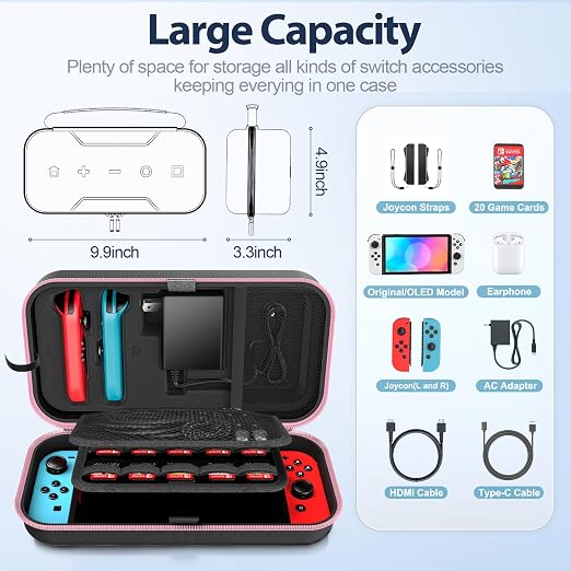 Switch OLED Carrying Case Compatible with Nintendo Switch & OLED, Portable Switch Travel Carry Case Fit for Joy-Con and Adapter, Hard Shell Protective Switch Pouch Bag with 20 Games, Pink - Image 3
