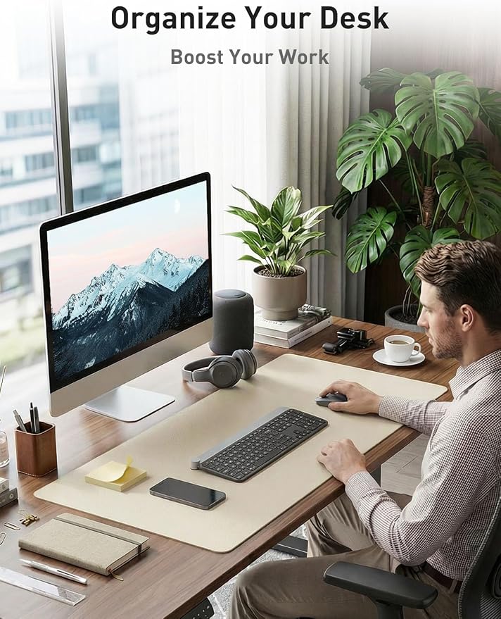 Aothia Faux Leather Desk Mat - Non-Slip PU Leather Desk Blotter, Waterproof Writing Surface, Large Desk Pad for Office & Home (Beige, 55" x 24") - Image 3