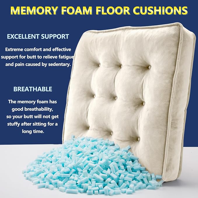 1 MIDDLE ONE Floor Pillow Set of 2, Memory Foam Meditation Cushion, Floor Cushions for Adults Sitting, Large Square Seat Cushions for Yoga, Living Room, 20x20 Inch (Off-White) - Image 3