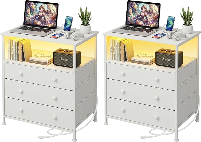 3-Drawer LED Nightstand Set 2 with Charging Station, White by PATAVOT
