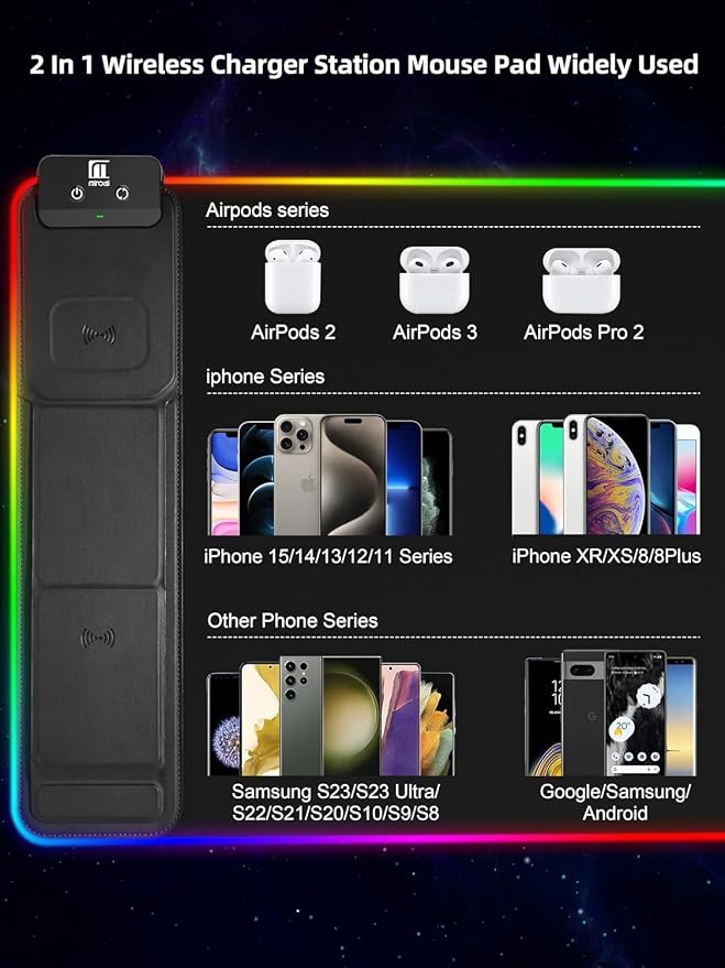 XXL Mouse Pad with Phone Holder - Black, RGB Desk Mat with 15W Fast Charging, LED Gaming Mousepad with 11 Light Colors, Waterproof Non-Slip Pad for Office & Home (Black with PD Adapter) - Image 6