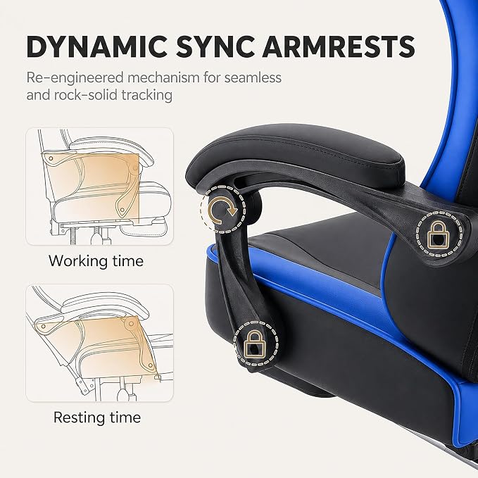 Office Desk Computer Gaming Chair for Adults, Ergonomic High Back Gamer Chair with Massage and Pocket Spring Cushion, Swivel Comfy Video Game Chairs with Footrest and Lumbar Support (Black Blue) - Image 7