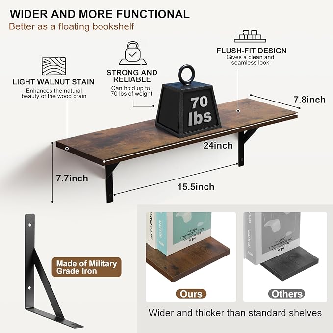 Tectocker-DOU 24" Long Floating Book Shelves for Wall, Heavy Duty, Brown - Image 3