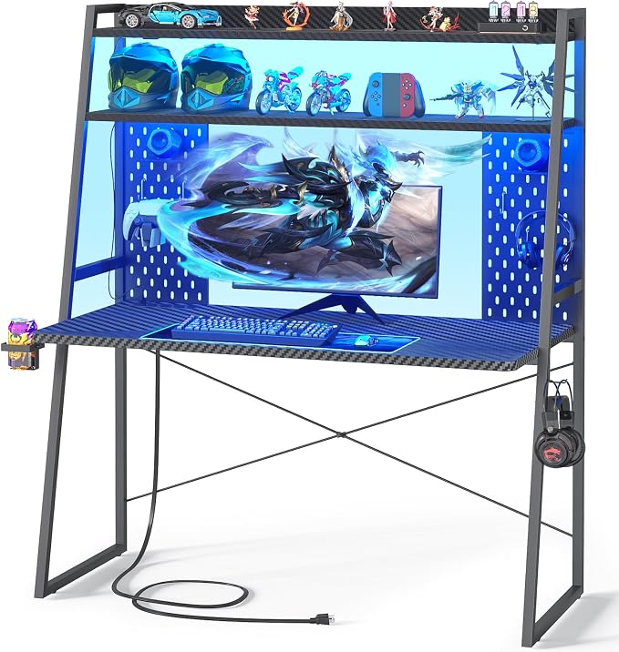 Besiost Small Gaming Desk with Hutch and LED Lights, Gaming Computer Desk with Power Outlets, Gamer Desk with Storage Shelves, Game Desks with Pegboards for Bedroom Small Spaces, Black, 43" by Besiost