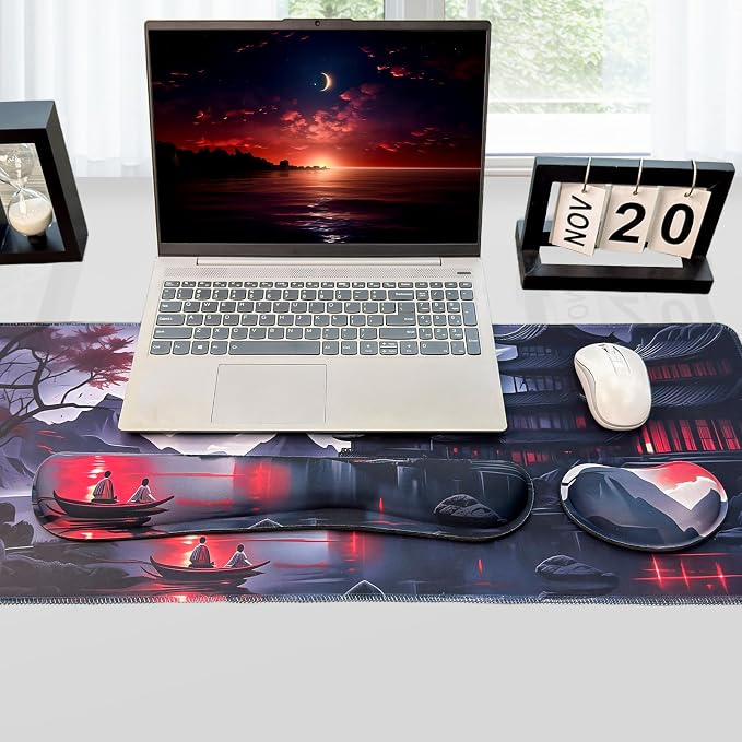 3-in-1 Large Gaming Mouse Pad, Anime Mouse Pad & Keyboard Wrist Rest Support, Memory Foam Ergonomic, Japanese Red Moon Desk Mat Set for Home Office Study Game, 31.5 X 11.8 Inch - Image 7