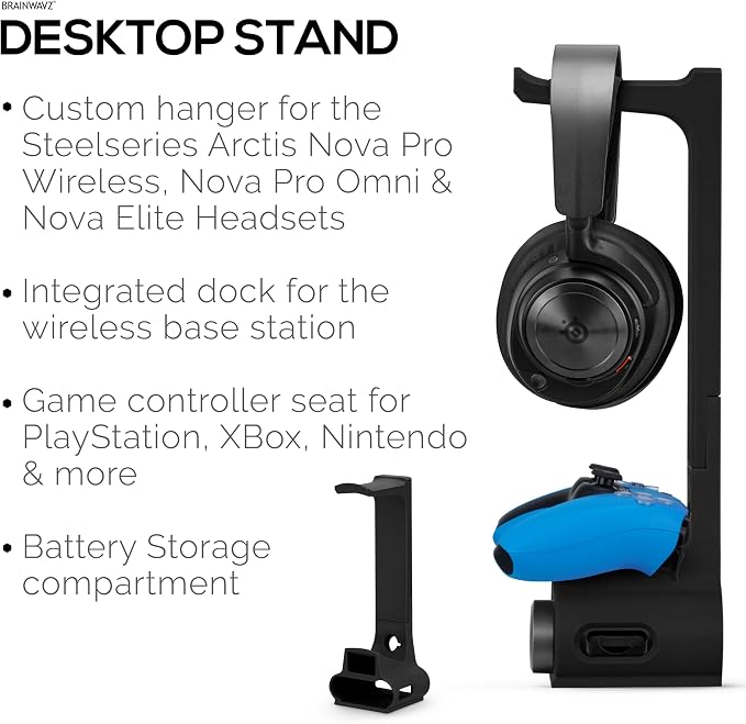 BRAINWAVZ Headphone & Game Controller Stand Designed for Steelseries Arctis Nova Pro, Elite and Pro Omni Wireless Headsets with Dock for the Wireless Base Station - Black (HP03) - Image 3