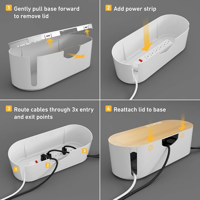 D-Line Cable Management Box, Power Strip Holder, Floor Outlet Hiders, Desk Cord Organizer, Cover TV Wires, Wire Storage, Extension Hider, Office Concealer for Cords - Large, Wood-Effect Lid - Image 9