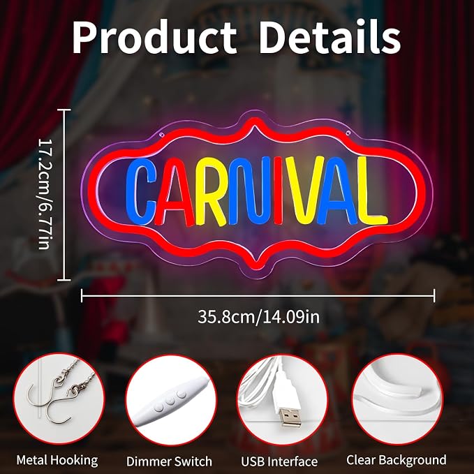 Carnival Neon Sign Carnival Signs Dimmable Carnival Party Neon Light Sign Circus Carnival Theme Party Decorations Led Wall Decor for Birthday - Image 4