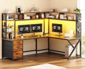 SEDETA L Shaped Computer Desk with Hutch, 3 Drawers, Shelves | Convertible 94.5" Home Office Desk with File Drawer, Power Outlet, LED Lights, Storage and Pegboard, Brown by SEDETA