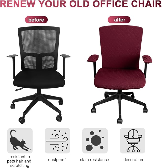 Tallew 4 Pcs Office Chair Covers Set Computer Universal Protective Stretchable Chair Seat Covers Desk Armrest Slipcovers Pads Office Cushion Backrest for Rotating(Wine Red) - Image 3