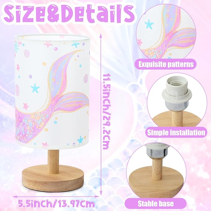 Mermaid Table Lamp for Kids Bedroom - Mermaid Tail Pastel Kids Bedside Lamp with Linen Wooden Nightstand Nursery Lampshade for Girls Room Decor - Image 2