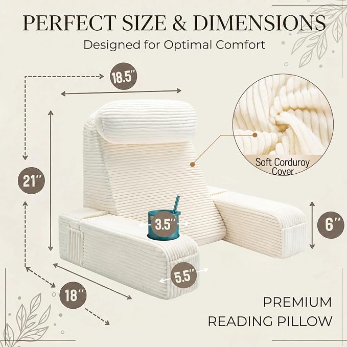 Reading Pillow for Adults, Back Pillow for Bed Sitting Up, Backrest Pillow for Sitting in Bed, Detachable Arms with Built-in Cup & Phone Caddy (Beige-Corduroy, 21 INCH) - Image 6