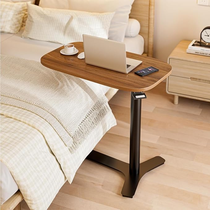 Muvai Overbed Bedside Table with Hidden Casters,30 Inches Adjustable Height Pneumatic Mobile Laptop Standing Desk, Rolling Computer Table for Home & Hospital Use ，Black Walnut 30" W x 17.7" D - Image 2