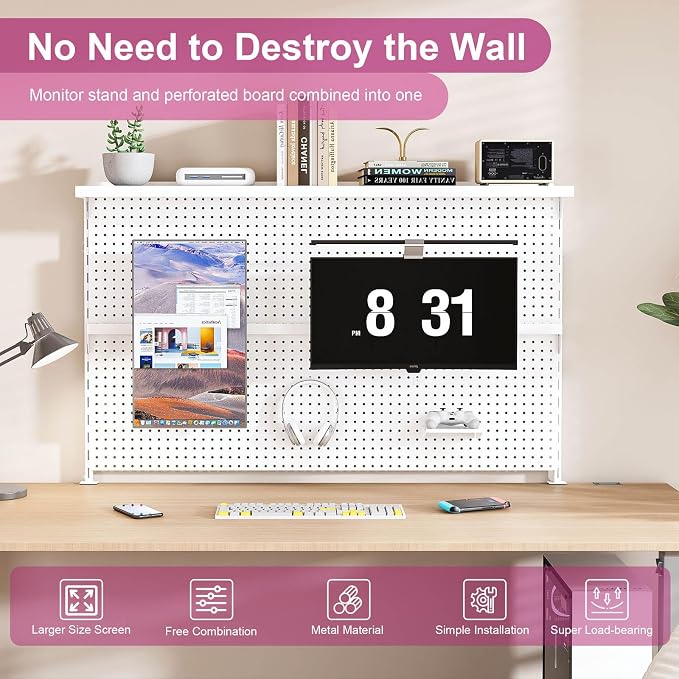 Majnesvon Clamp On Pegboard-Metal Office Pegboard Organizer with Monitor Stand, Peg Board Gaming for Desk with Hooks & Movable Partition, Office Storage Shelf for Workstation Setup (White 59x35 Inch) - Image 7