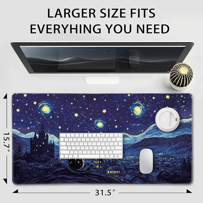 Starry Night Cat Large Gaming Mouse Pad Desk Mat 31.5"x15.7" | Extended Mousepad, Non-Slip Rubber Base , Stitched Edges, for Computer/Laptop/Office/Home - Image 4