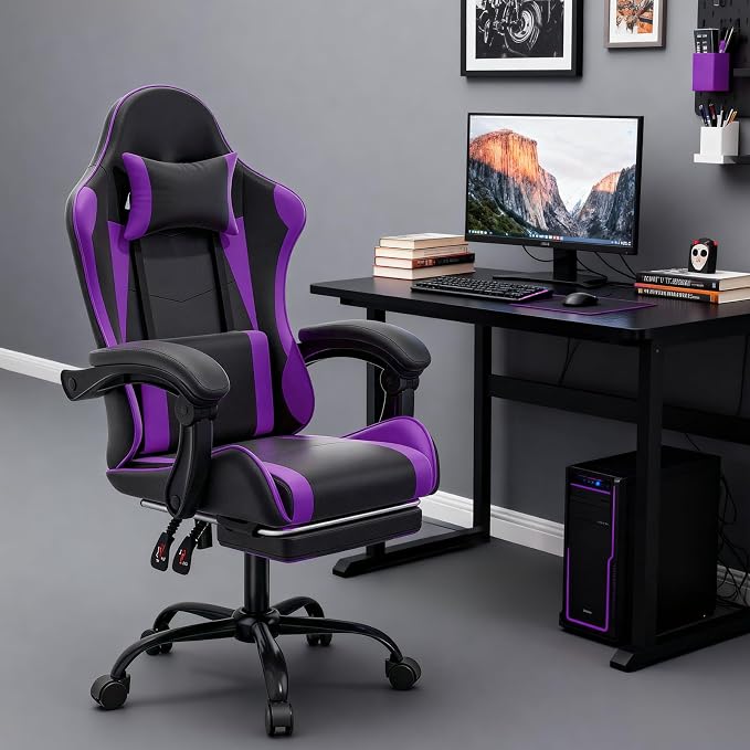 MoNiBloom Gaming Chair, Footrest & Lumbar Support, Height Adjust, Purple | Headrest & Lumbar Support, Ergonomic Computer chair, for Adult Teen Office or Gaming,Swivel game chair, leather gaming chair - Image 2