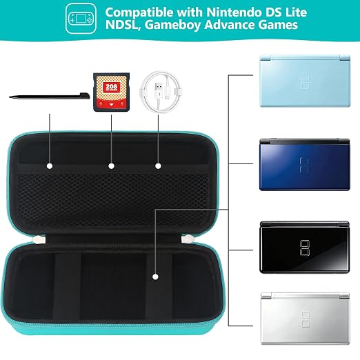 Supmay Hard Carrying Case Compatible with Nintendo DS Lite NDSL, Gameboy Advance Games Storage Holder Travel Bag with Mesh Pocket for USB Charging Cable, Stylus, Earphones, Game Cartridge, Green - Image 2