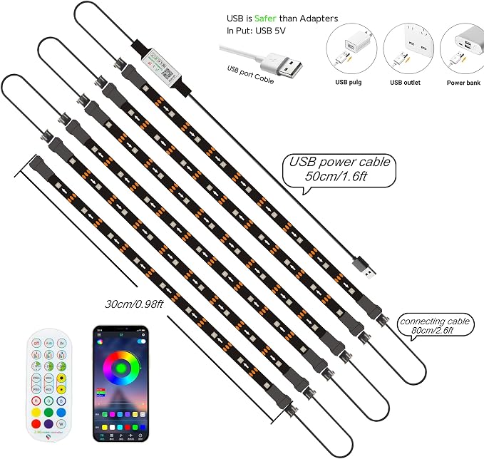 LED Strip Lights 6 Pre-Cut Led Light Strip with Remote & APP Dimmable,RGB Color Changing led Lights Strip for tv Backlight, Bookshelf Ligh, Bedroom, Display,Shelf,Cabinets(Multicolor, 6 Strip) - Image 2