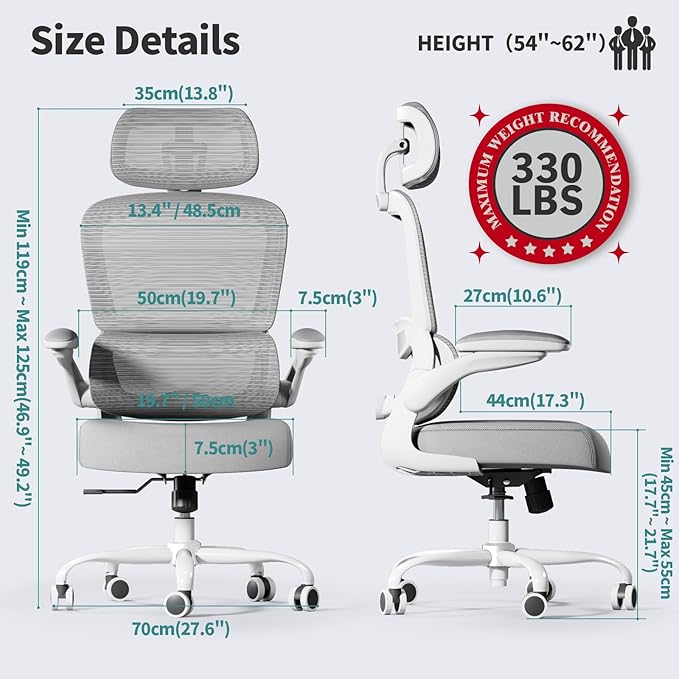 TRALT Office Chair Ergonomic Desk Chair - Gaming Chair with Lumbar Support | 330 LBS Home Office Desk Chairs with Headrest, Reading Chair with Flip-up Armrests, Comfortable Computer Chairs (1, Grey) - Image 2