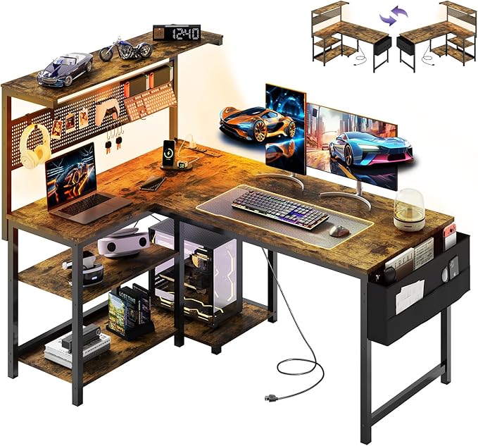 47in L Shaped Gaming Desk with Pegboard & Shelf & Storage Bag, Rustic Brown | LED Light, Power Outlet, Reversible Gaming Table, Escritorio Gamer, Corner Computer Desk for Small Space Storage, Home Office by APICIZON