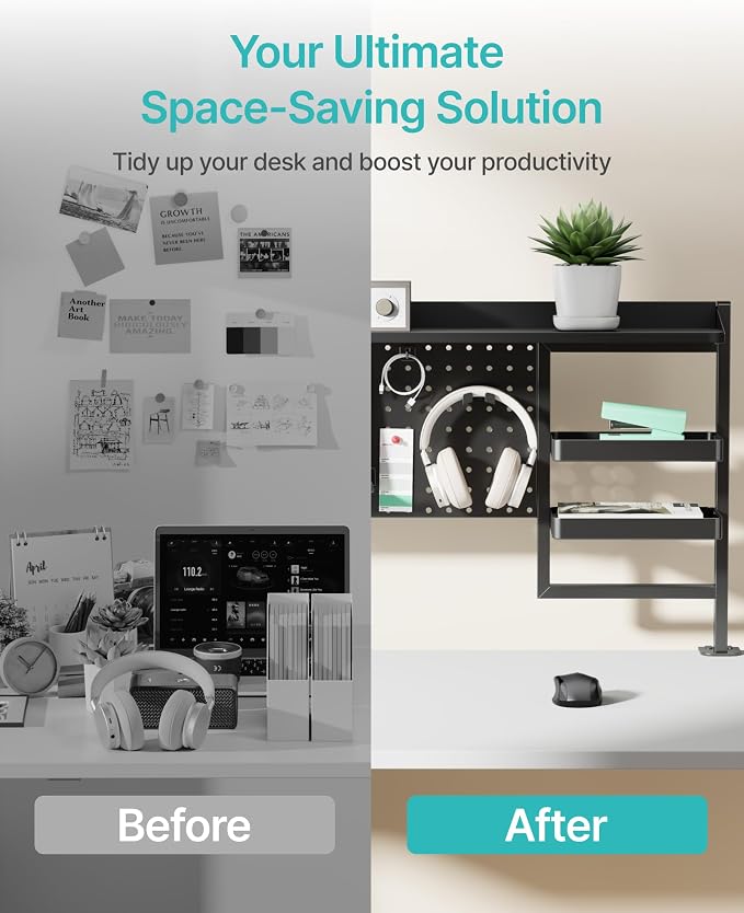 PEGZONE Clamp on Desk Shelf, 44" Desktop Shelving System, Black | with Pegboard and Accessories, Desktop Organizer with 2-Tier Shelf, Desk Pegboard for Office Home Gaming - Image 6