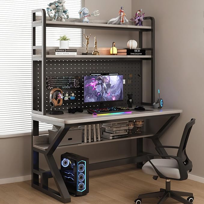 Computer Desk with Pegboard & Storage Shelves, Industrial Gaming Desk PC Desk Multifunctional Workstation for Home Office(100CM, Gray1) by Unknown