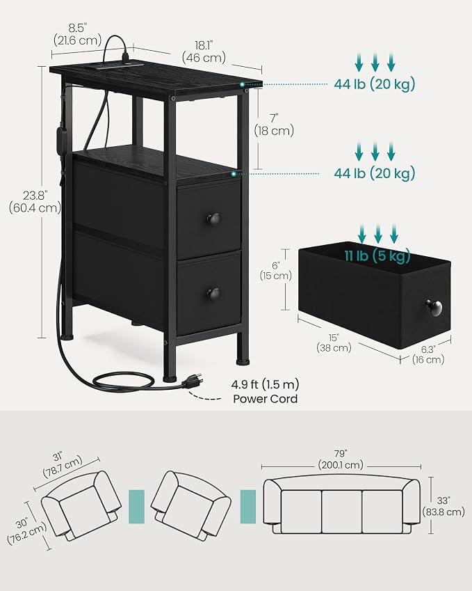 SONGMICS Side Table with LED Light, Narrow End Table with 2 Fabric Drawers - Image 2