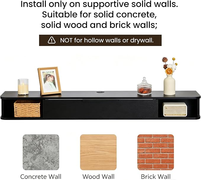 Floating TV Stand, 55" Wall Mounted TV Cabinet, Wood Media Console for TVs up to 65", Entertainment Center with Storage for Living Room, Under TVs Shelf for DVD Player, Black - Image 3