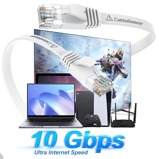CableGeeker Cat 6 Flat Ethernet Cable 125ft, 10Gbps, White - Image 2