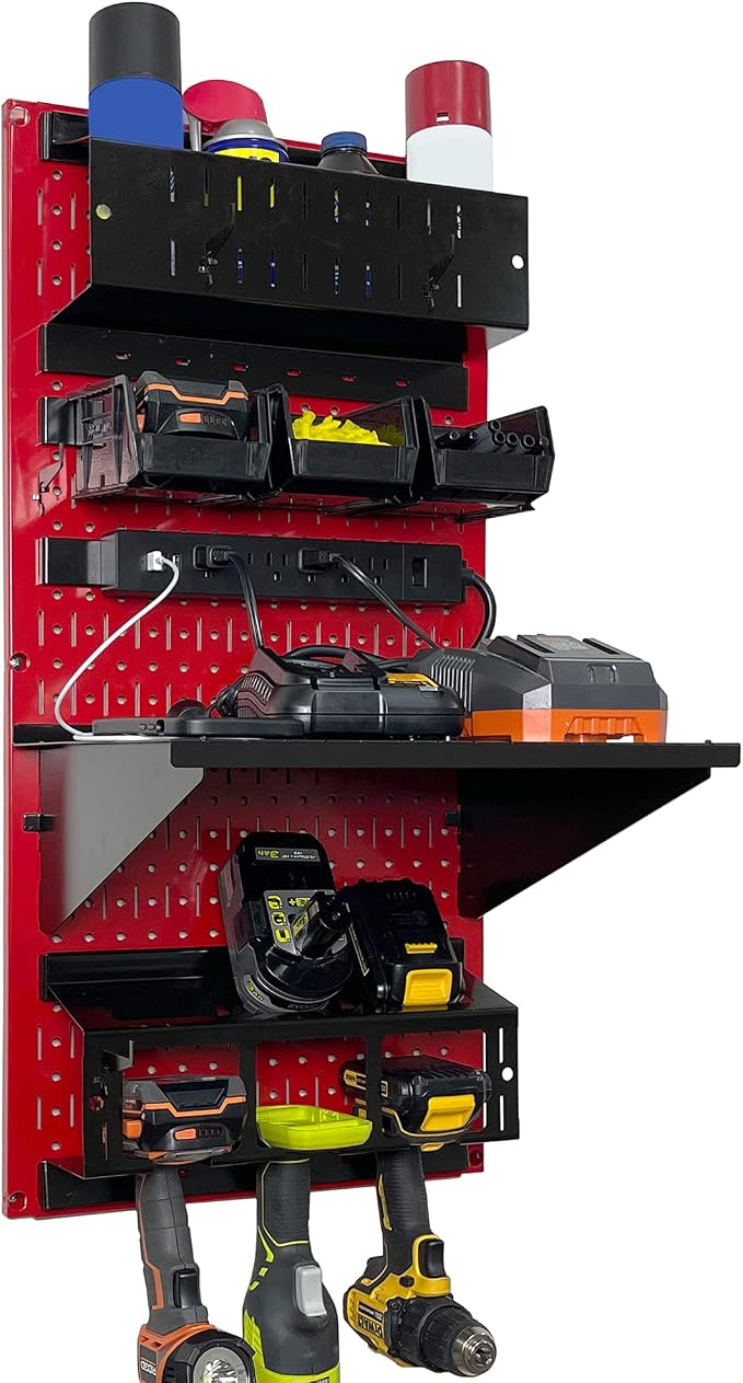 Wall Control Power Tool Storage Organizer Kit Cordless Drill Holder Charging Station Rack 16” x 32” Metal Pegboard Organization System (Red Pegboard) by Wall+Control
