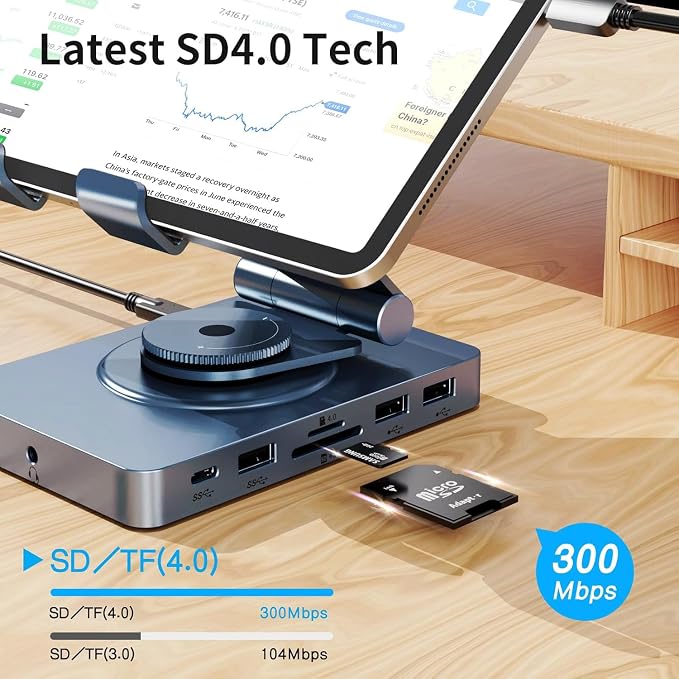 360° Rotating USB C Docking Station for iPad Pro, Tablet, Samsung, Steam Deck, ROG Ally, Legion Go, Msi Claw, etc, 11-in-1 with SD TF 4.0 Reader, 4K@60Hz HDMI, RJ45, Audio, USB A, USB C - Image 5