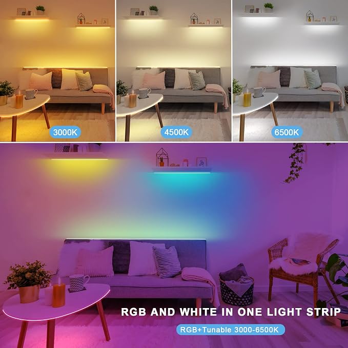Tatazone RGBWW Bluetooth LED Strip Lights, 65.6ft Tunable White 3000K to 6500K+RGB Led Light Strips, Music Sync Color Changing Indoor LED Rope Lights for Cabinet, Bedroom,2 Roll of 32.8ft - Image 2