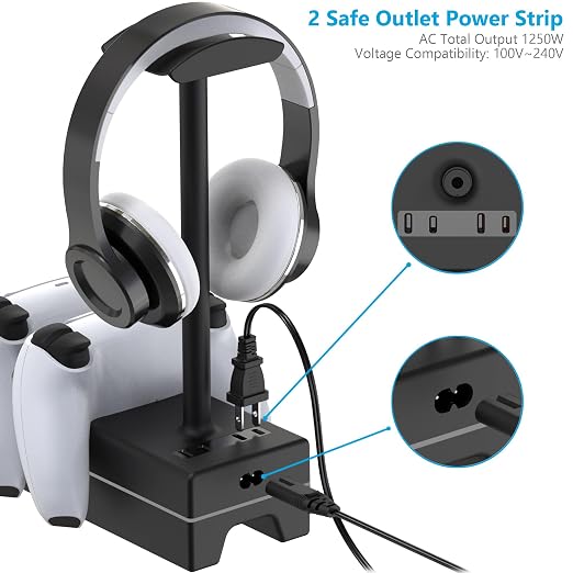 PS5 Controller Charger with USB Charging Port and AC Outlet, RGB DualSense Charging Station Dock for Playstation 5 Controllers with Headphone Stand, PS5 Accessories - Image 5
