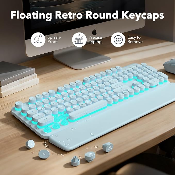 Rechargeable Backlit Wireless Keyboard and Mouse Combo, Retro Round Keycaps, Light Up Letters, Magnetic Wrist Rest, 2.4GHz Cordless for Mac Windows PC Laptop, Glowing Dusty Blue - Image 5