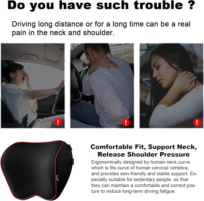 Crofy 2-Pack Car Neck Pillow, Headrest Pillow with Adjustable Strap, Black | Soft Memory Foam; Ergonomic Design Fits Most Car & Office Chairs; Breathable Removable Pillow Cover Is Machine Washable - Image 5