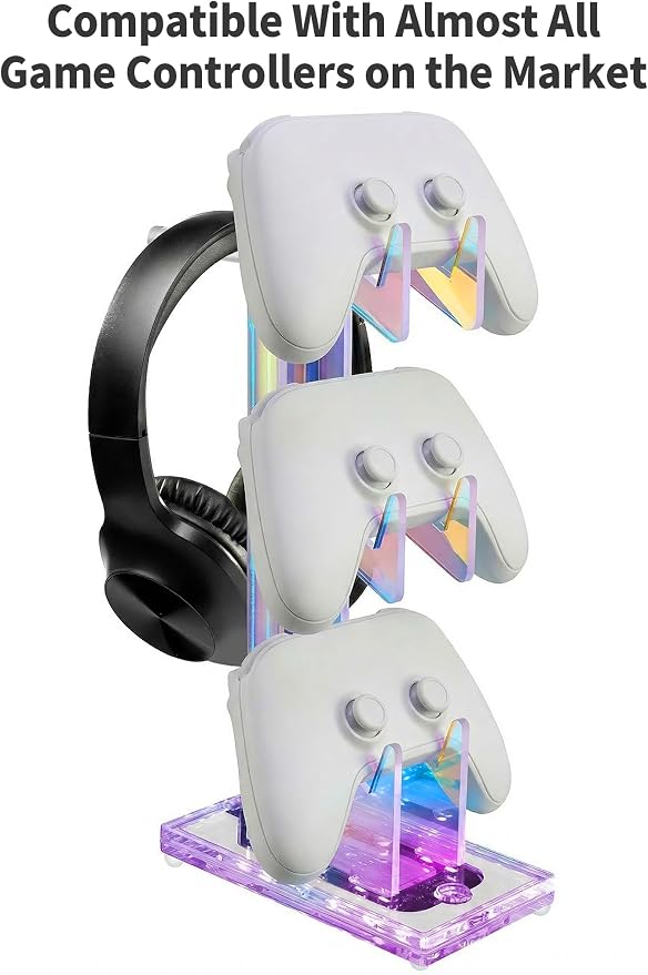 NiHome Controller Holder & Headphone Stand, LED Acrylic 3-Tier Gaming Desk | USB-Powered 7 Colors 3 Modes, Anti-Slip Headset Cable Management, Gamer Gift For PS5 Xbox - Image 5