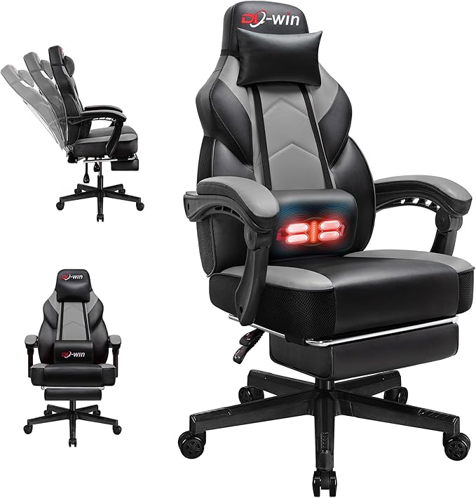 DL-win Gaming Chairs for Adults, Computer Chair with Footrest and High Back, Big and Tall Gamer Chair's with Massage Lumbar Support, 360° Swivel Height Adjustable Gaming Chair, Grey by GamingChairs