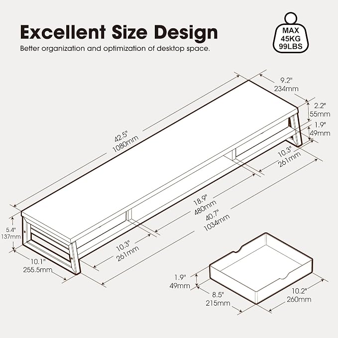 Fenge Dual Monitor Stand Riser, 42.5in Desk Shelf with 2 Drawers, White | 2-Tier Monitor Shelf for Desk, Storage Drawer with Stopper, Frosted, fit Home Office, Ultrawide Screen, PC, Laptop, TV - Image 3