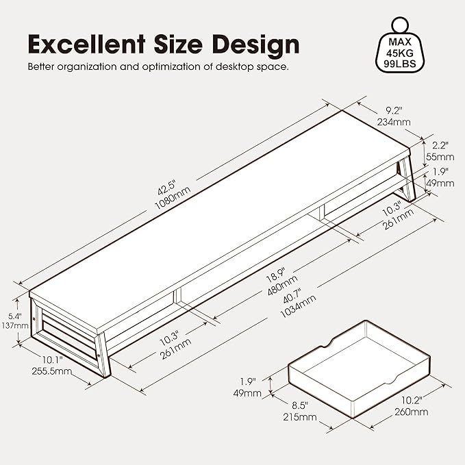 Fenge Dual Monitor Stand Riser, 42.5in Desk Shelf with 2 Drawers, Black | 2-Tier Monitor Shelf for Desk, Storage Drawer with Stopper, Frosted, fit Home Office, Ultrawide Screen, PC, Laptop, TV - Image 3
