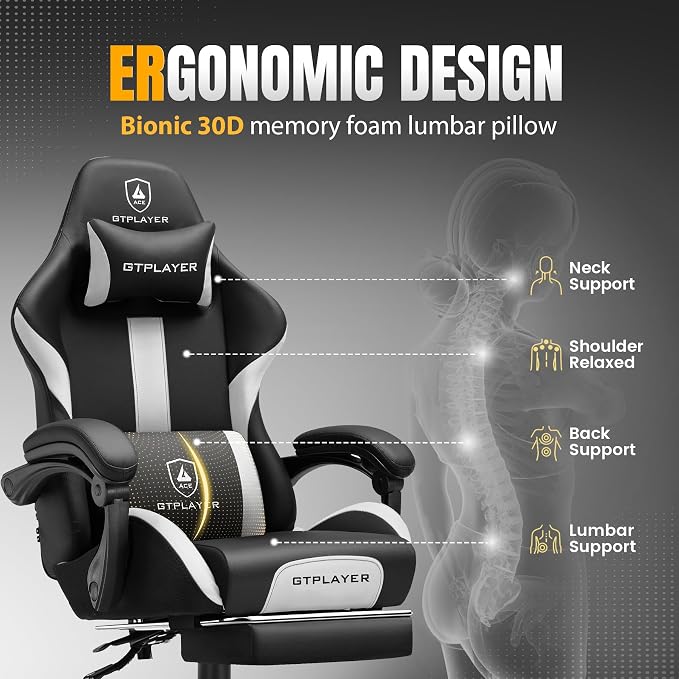 GTPLAYER Gaming Chair with Foot Rest & Pocket Spring Cushion, Ergonomic High Back Computer Chair with Headrest & 360°-Swivel Seat for Home Office Desk, PU Leather, White/Black - Image 5