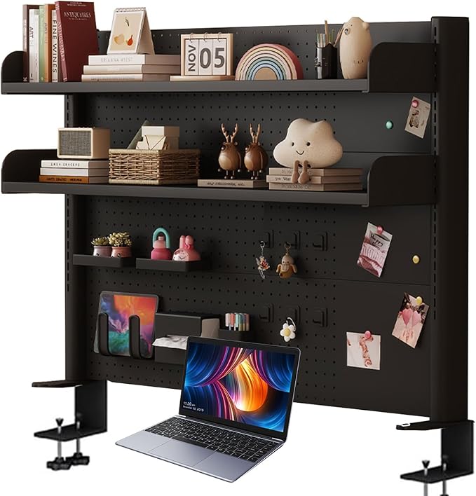Pegboard Wall Organizer Panels.Clamp On Desk Shelf with Pegboard, 3-Tier Desktop Bookshelf for Home Office, Dorm & Gaming Setup, Black 23.6in Storage Rack Display Solution - Image 8