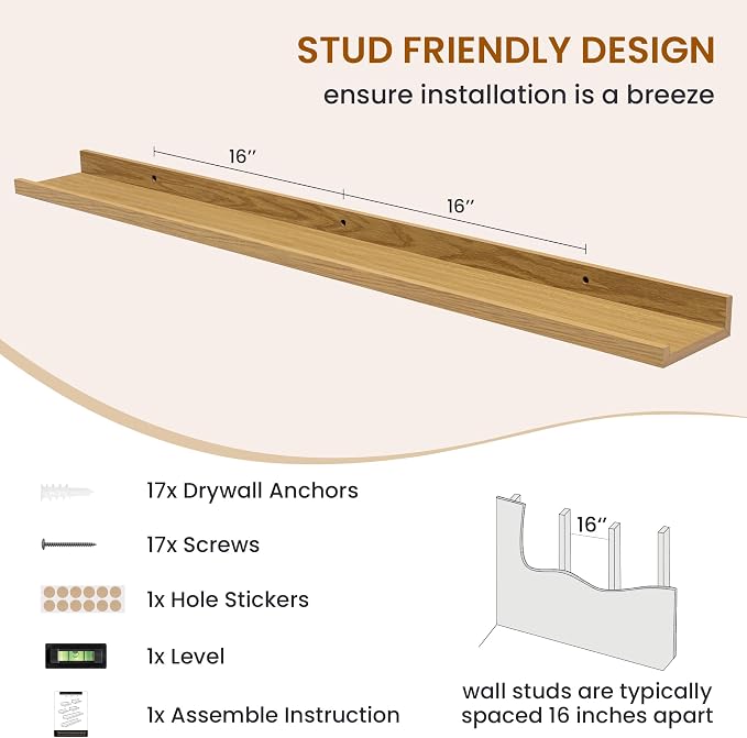 Picture Ledge Shelf, Floating Shelves for Wall Decor, Oak, Set of 6, 48'' - Image 5