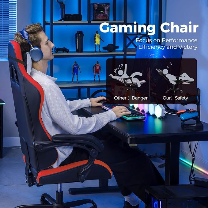 GTPLAYER Gaming Chair, Video Game Chairs Racing Style PC Game Chairs 350lbs for Adults - Padded High Back Ergonomic Reclining Silla Gamer, Linkage Armrest, Red - Image 4