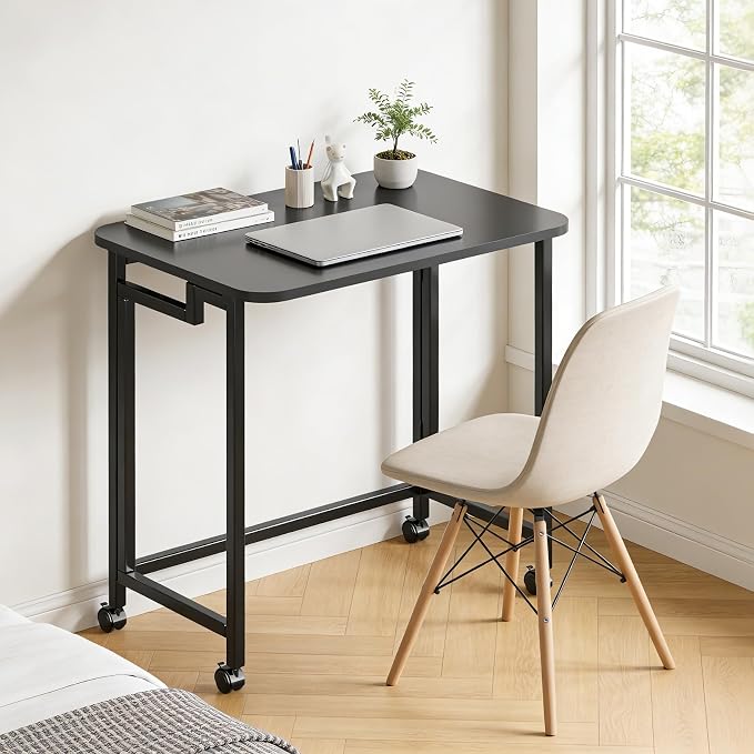 JSB Folding Desk for Small Spaces,Mobile Portable Rolling Laptop PC Table on Wheels,Foldable Computer Desk for Home Office,Bedroom,Dorm,Space Saving (All Black, 23.6") - Image 3